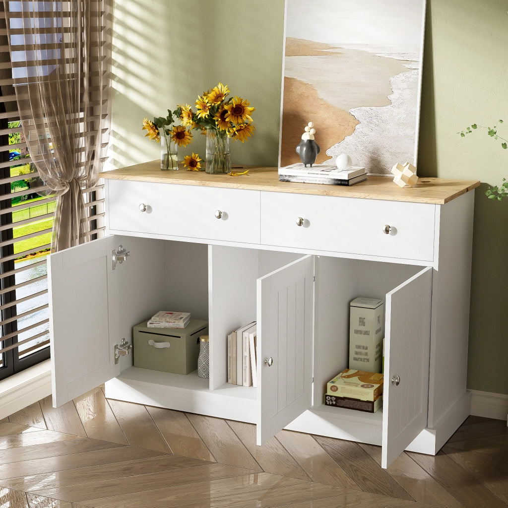 Credenza con 3 Ante e 2 Cassetti; Apertura Push-to-Open; Texture in Rilievo; in Pannello Truciolare; Bianco; 120??36??80;5 cm
