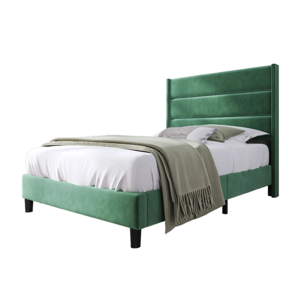 Letto Singolo 90 x 200 cm; 1 Posto con Testiera Imbottita; senza Materasso; in Velluto; Verde Scuro