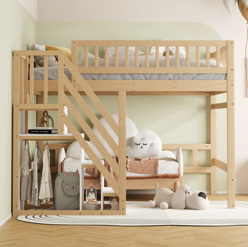 Letto in Legno Massello 140x200 cm con Scala Contenitore e Sponda Alta, Letto Bambini e Ragazzi Colore Legno