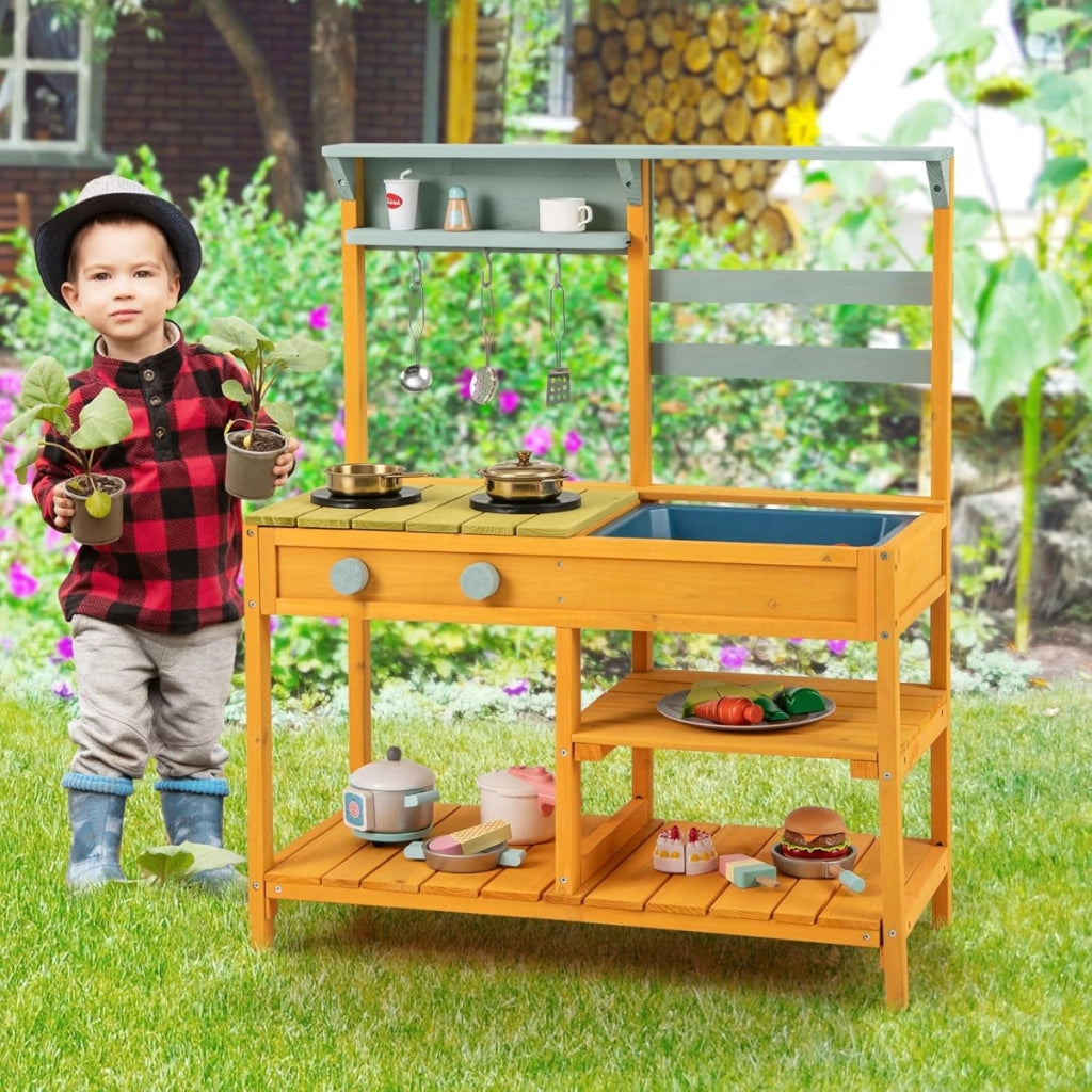 Cucina da gioco con lavello per bambini 3+ anni, Cucina in legno di pino con fornelli manopole e lavello Giallo