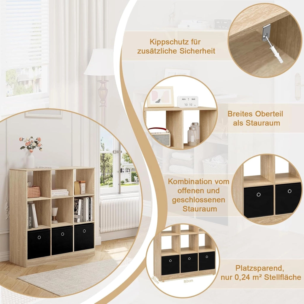 Libreria Scaffale, Libreria a 9 Cubi Portaoggetti, Scaffale in Legno con 3 Cassetti in Tessuto Non Tessuto, per Soggiorno, Camera da Letto, Ufficio, Rovere Chiaro, 80x30x86,5 cm, SK041hei