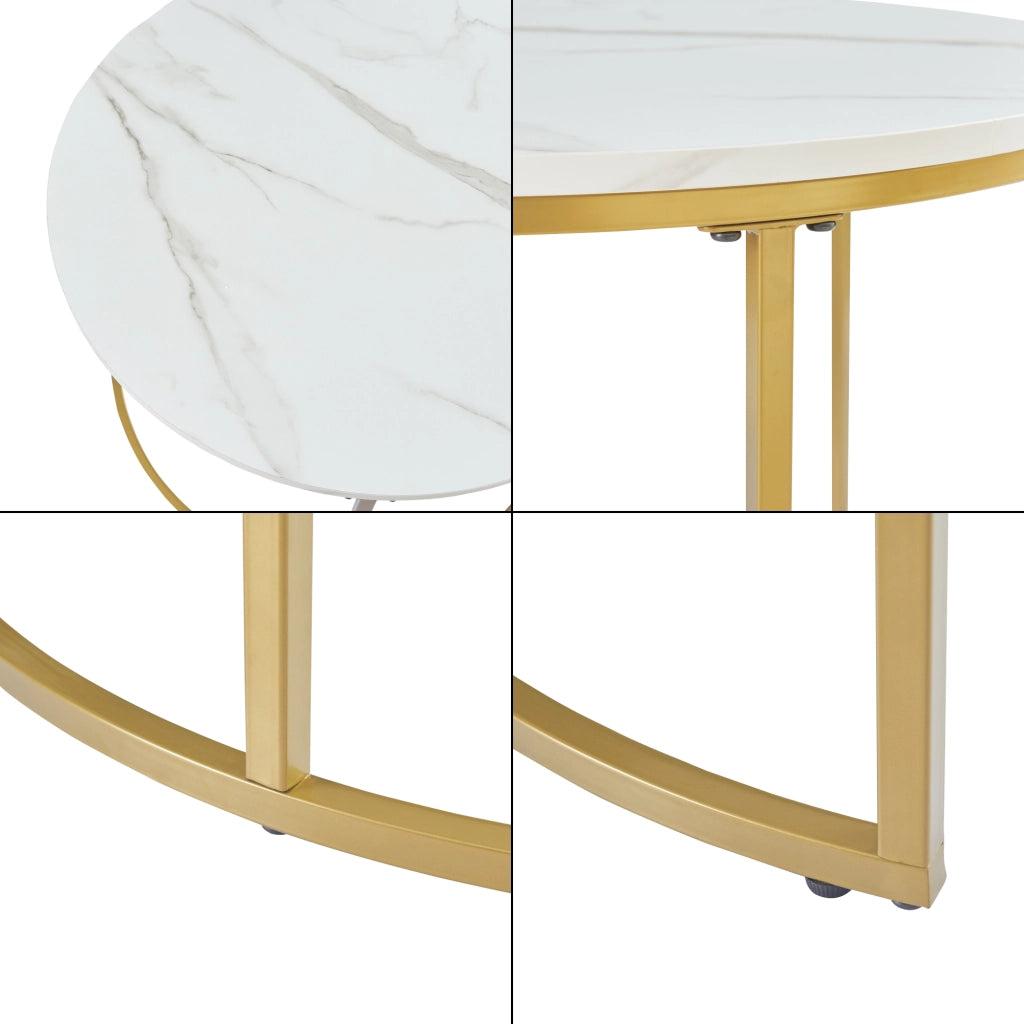 Set Christchurch 2 Tavolini Sovrapponbili con Piani Rotondi - Effetto Marmo Bianco / Oro [en.casa]