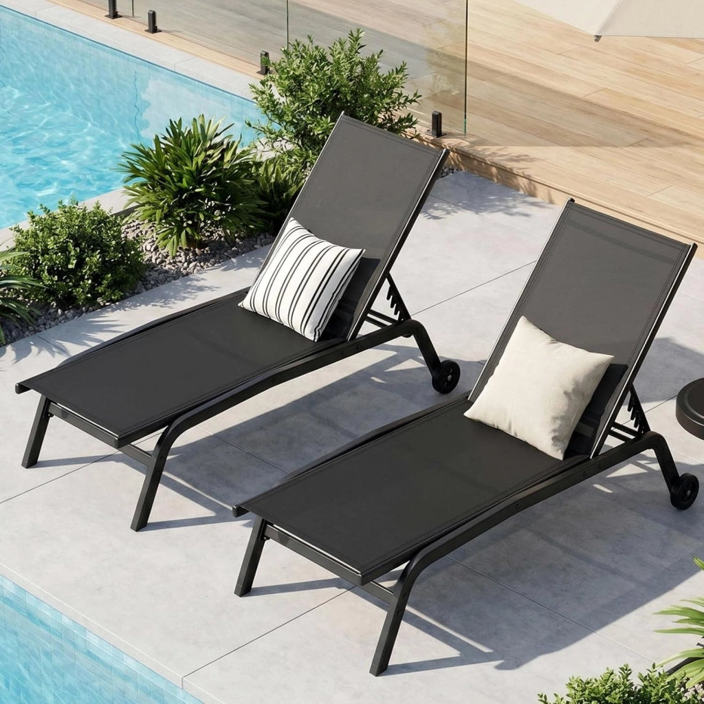 Set di 2 lettini da giardino con ruote, resistenti alle intemperie, schienale regolabile in 5 posizioni, per esterni, portata fino a 120 kg, per giardino, piscina, balcone, colore nero