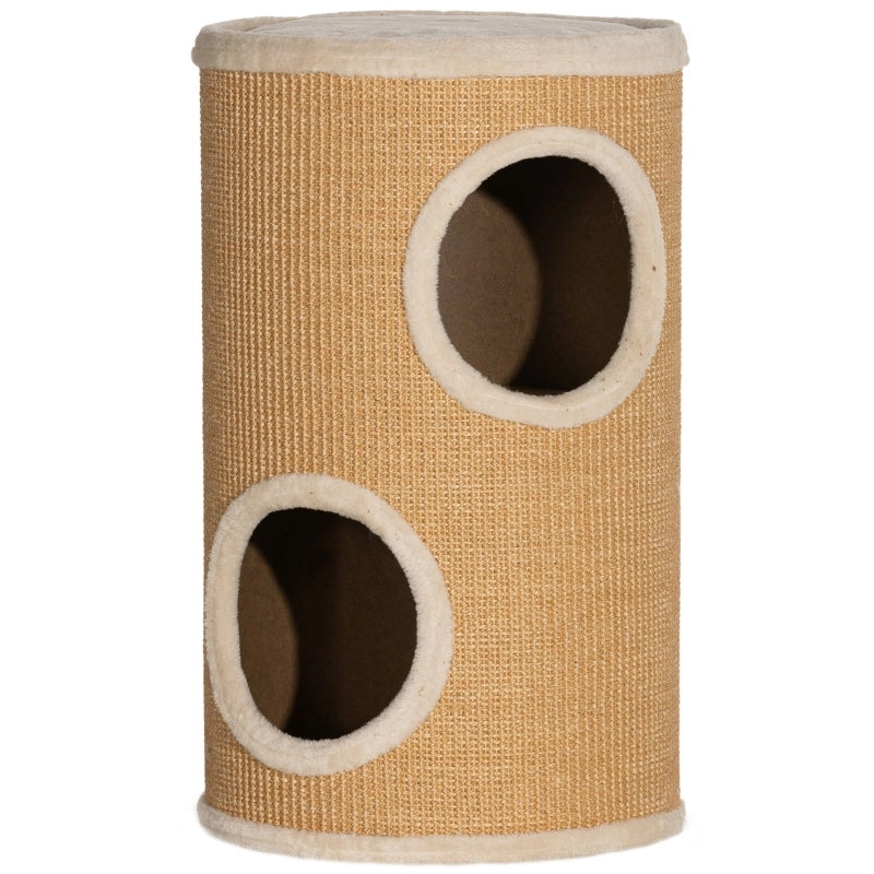Tiragraffi a botte per gatti, doppio livello, rivestimento in peluche e superficie in sisal, Ø35 x 60H cm, marrone