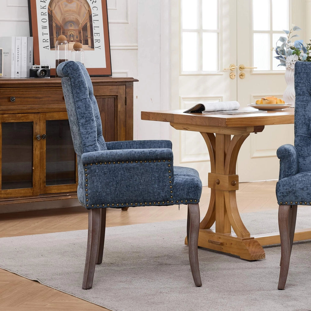 Sedia da pranzo, venduta singolarmente, tessuto chenille, gambe in legno massello, con braccioli, blu
