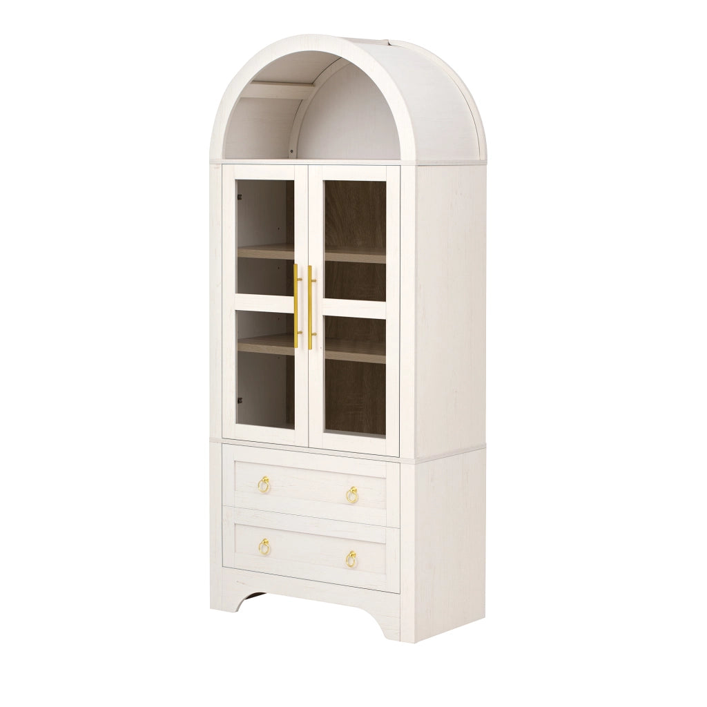 Credenza alta con ante in vetro, 2 cassetti e ripiani regolabili per cucina e soggiorno bianco 76.2 × 40.1 × 180 cm