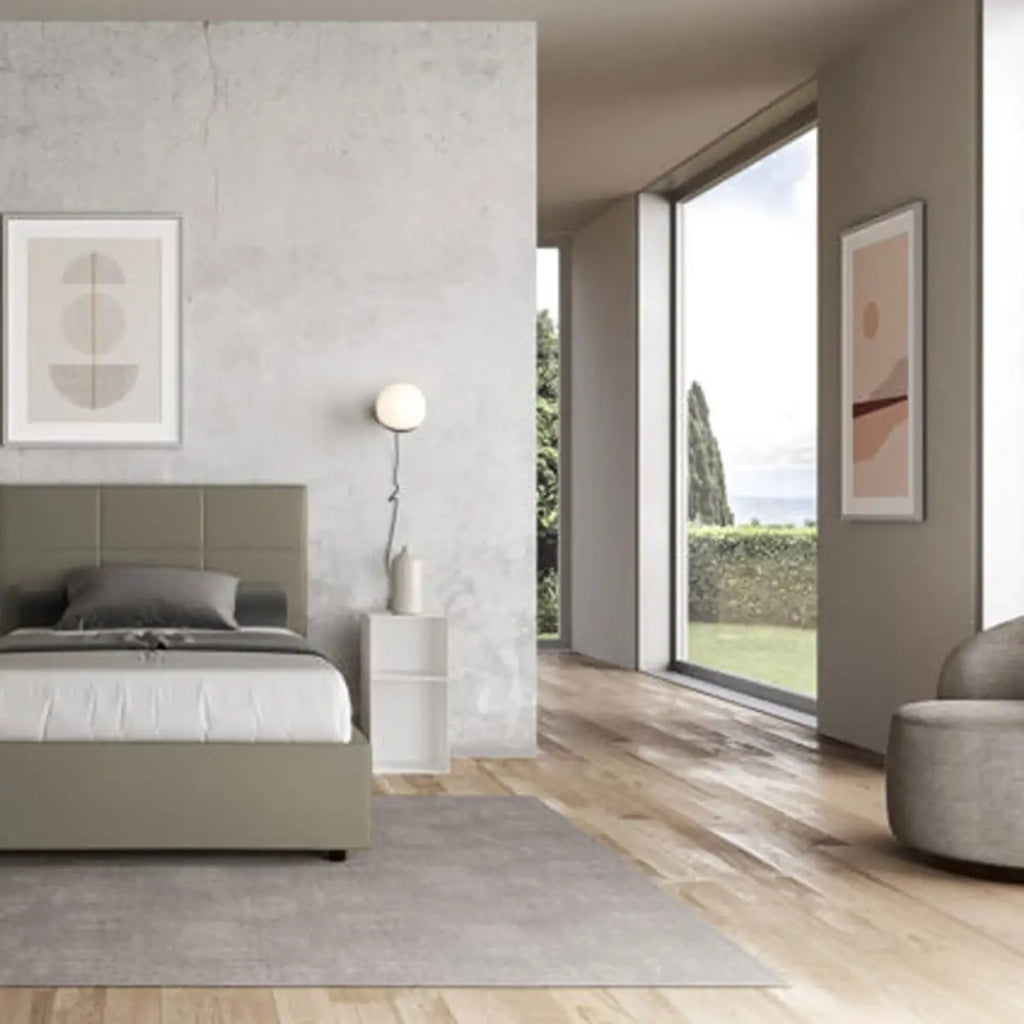 Letto matrimoniale francese con rete imbottito 140x190 similpelle cappuccino Mika
