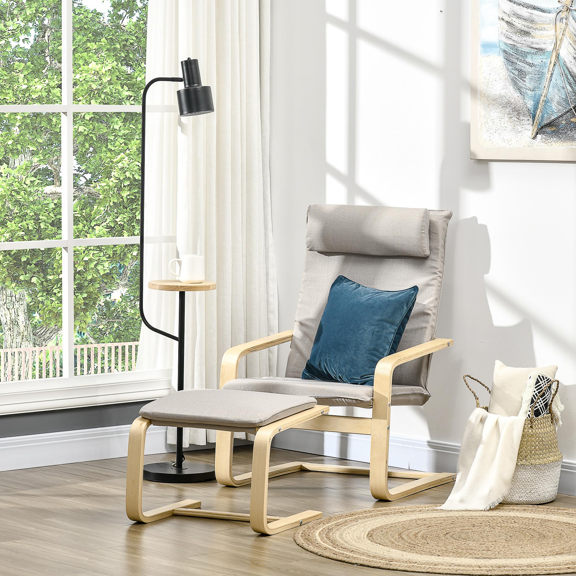 Poltrona Relax con Pouf 67x69x100 cm Cuscino Poggiatesta in Tessuto Effetto Lino Grigio