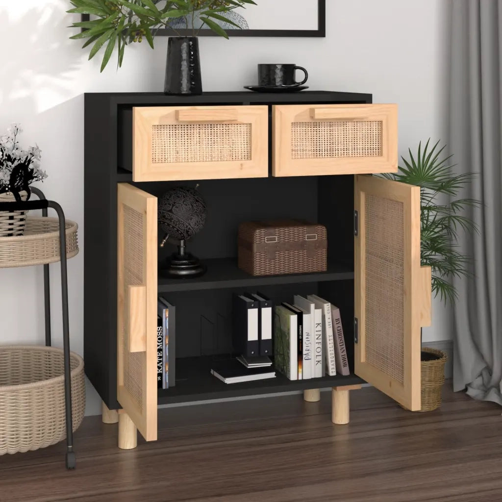 Credenza | Madia | Buffet da pranzo | Armadio da pranzo Nera 60x30x75 cm Legno Massello Pino e Rattan Naturale