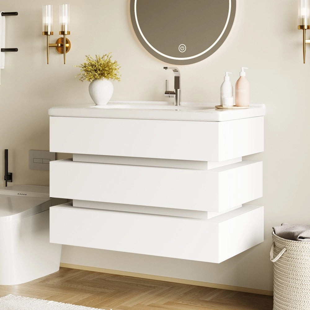 Mobile Bagno Sospeso con LED e Lavabo in Ceramica ¨C Xylo ¨C Bianco, Cassetti Soft-Close