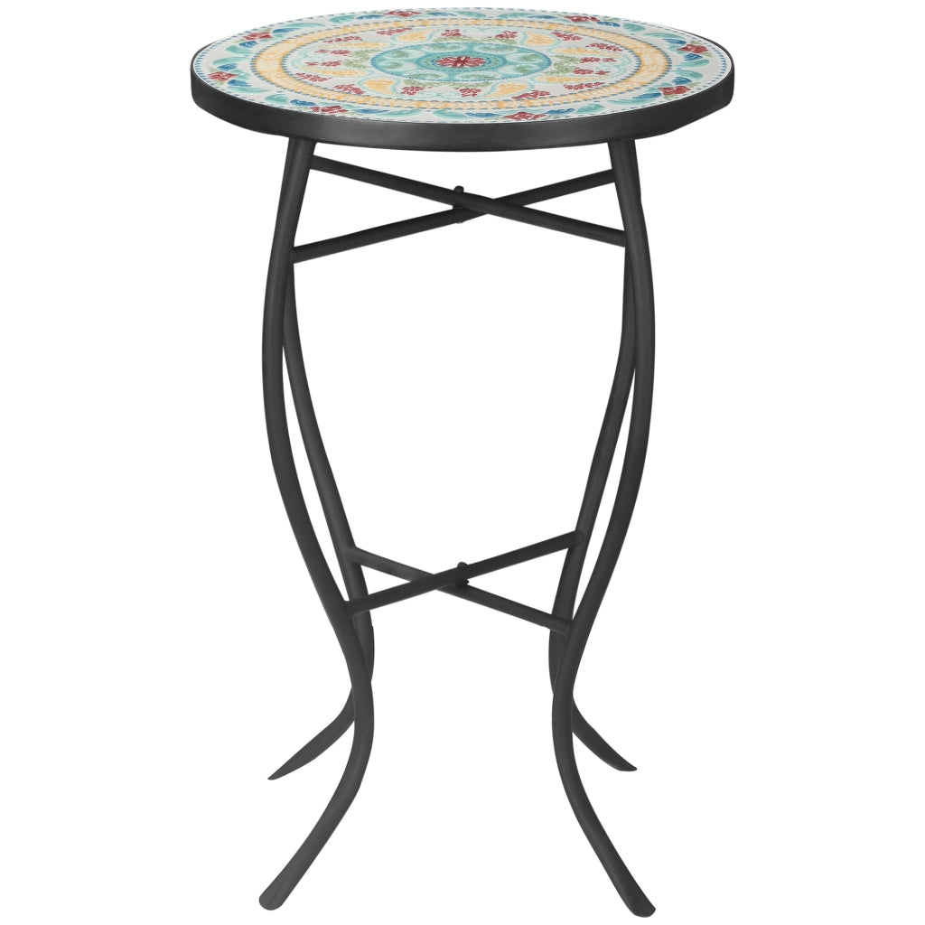 Tavolino da giardino rotondo con mosaico e gambe in metallo ¨C Zephmum ¨C 35,5x35,5x53,5 cm Turchese