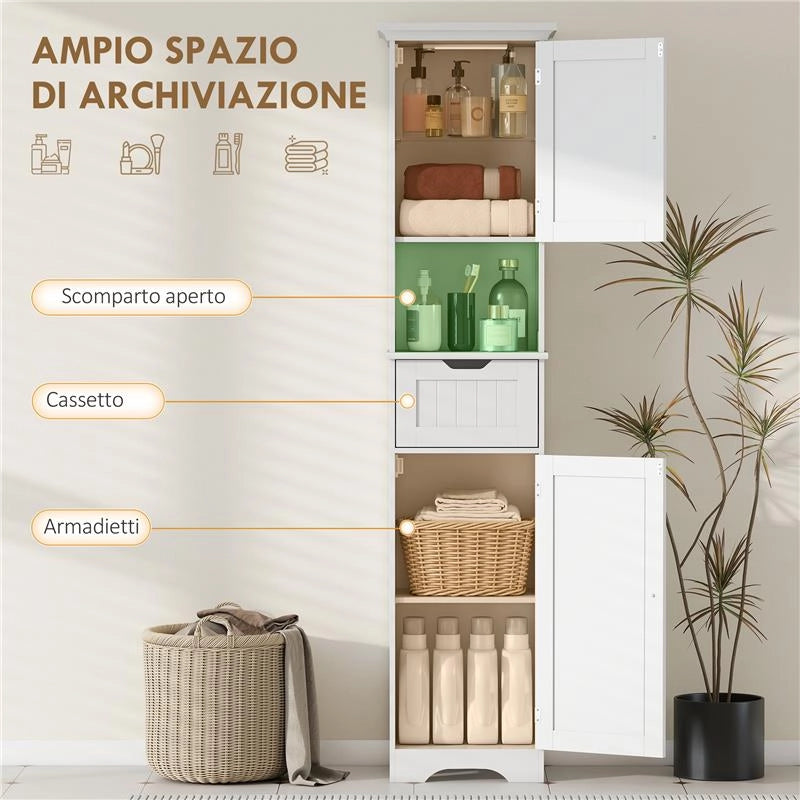 MOBILE COLONNA BAGNO IN LEGNO CON 2 ARMADIETTI CON SENSORE, RIPIANO APERTO E CASSETTO, 40X30X170 CM, BIANCO