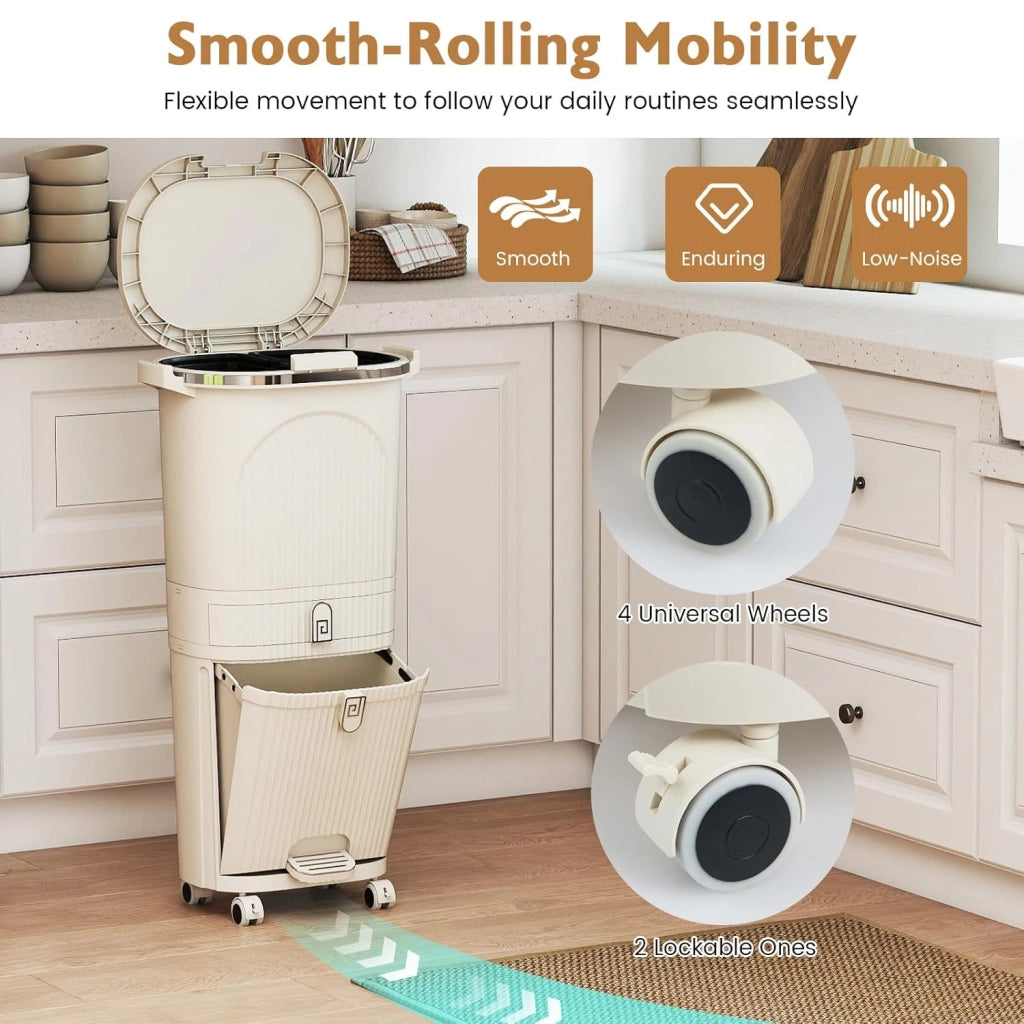 Pattumiera 38L/42L, cestino per il riciclaggio in PP con 3 scomparti, pedale, coperchio con pulsante e ruote, contenitore per cucina, bagno, ufficio (crema, 3 secchi+1 cassetto)