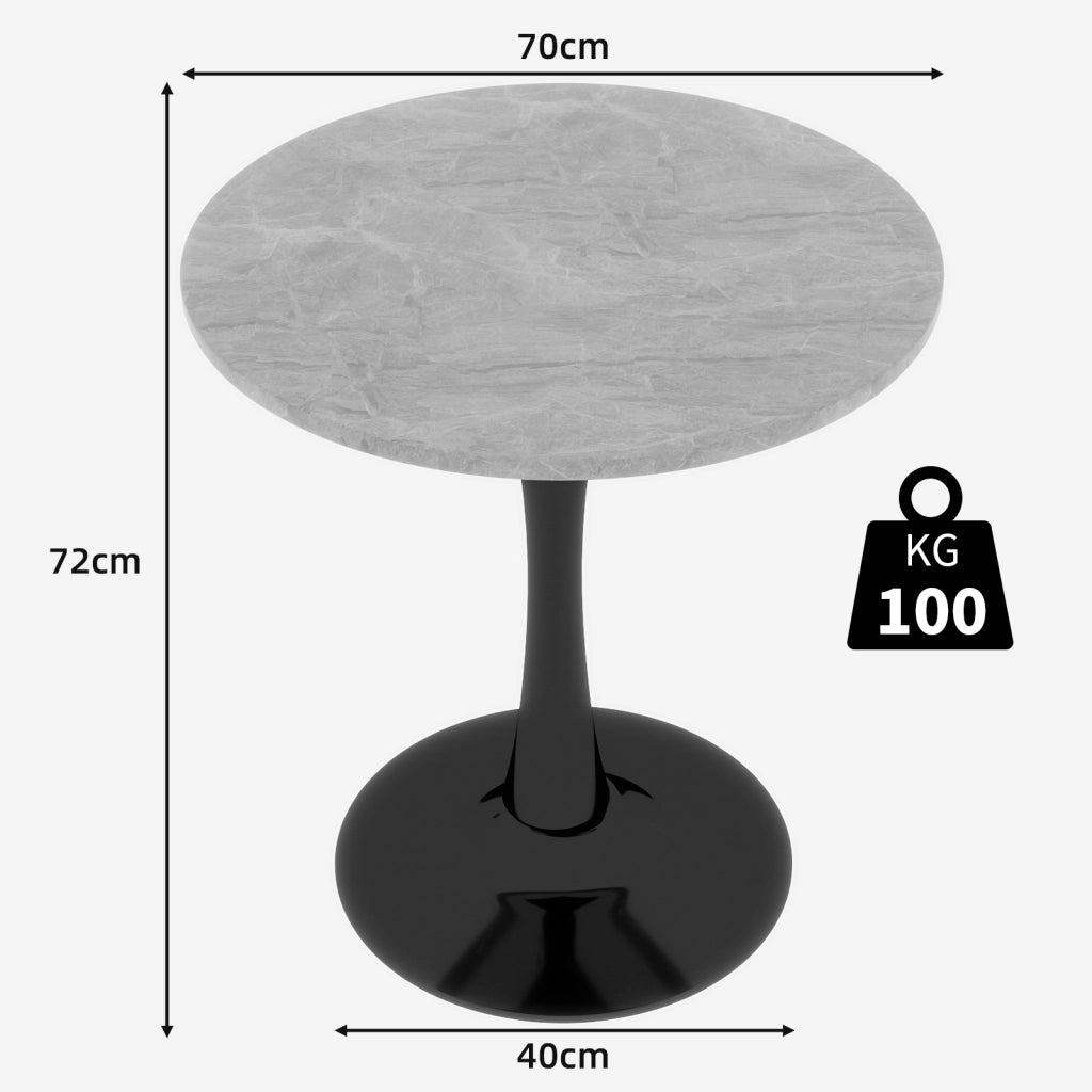 Tavolo da pranzo - rotondo 70 cm - stile mid-century - marmo grigio chiaro - per 2-4 persone - nero