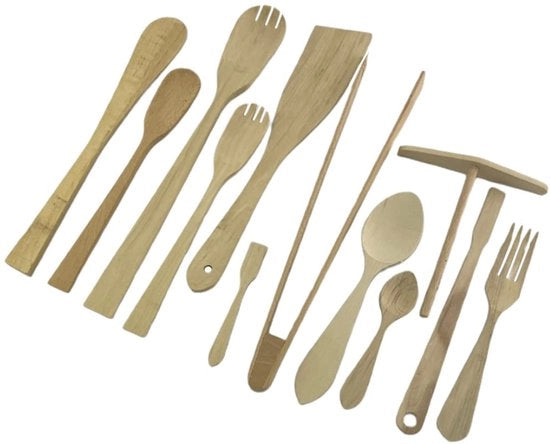 Set da cucina in legno da 12 pezzi, beugo, cucchiai, spatole, forchette, coltelli da pollo e accessori per barbecue, legno naturale