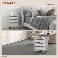 Carrello Multiuso con 3 Cestini Estraibili e Ruote 40,8x33,5x60,5 cm in Acciaio e PP Bianco