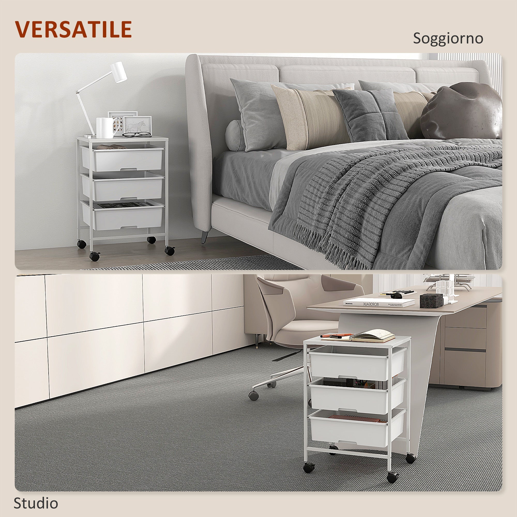 Carrello Multiuso con 3 Cestini Estraibili e Ruote 40,8x33,5x60,5 cm in Acciaio e PP Bianco