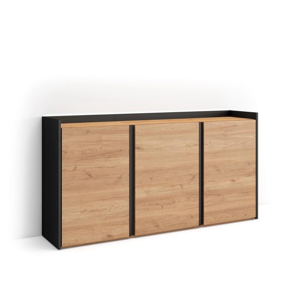 Credenza, Mobile, Cucina, 156x80x35 cm, 3 Porte, LED, Rovere e nero