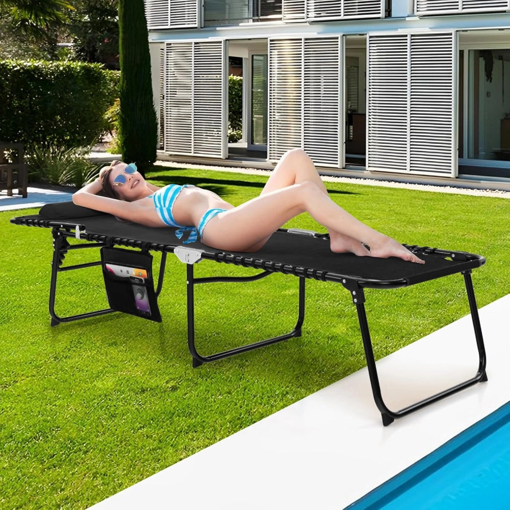 Lettino da Spiaggia Pieghevole Portatile, Sdraio da Mare con Schienale Regolabile 4 Posizioni, Tasca Laterale e Poggiatesta Staccabile, per Giardino e Campeggio, Portata 150 kg (Nero)