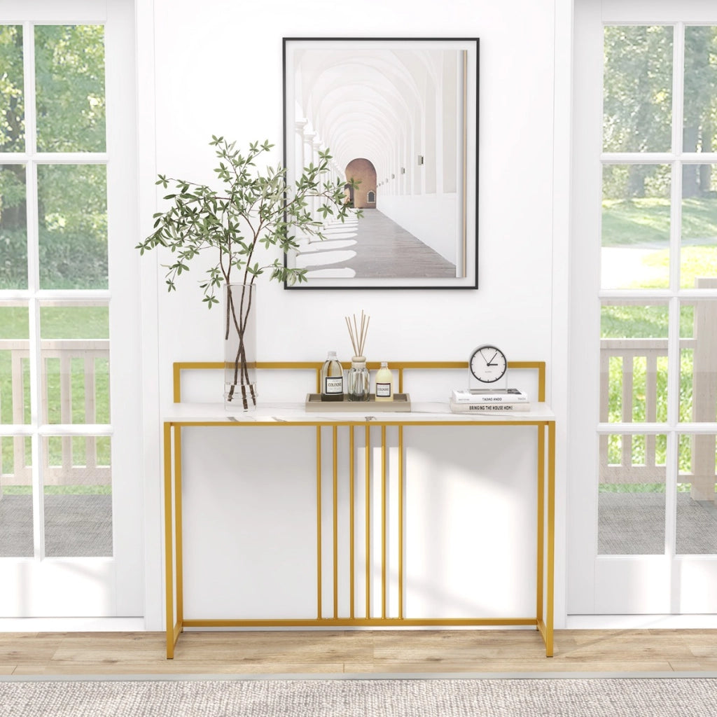 Tavolo da ingresso lungo 120cm, Consolle con piano effetto marmorino sponda struttura in metallo dorato Bianco-Consolle
