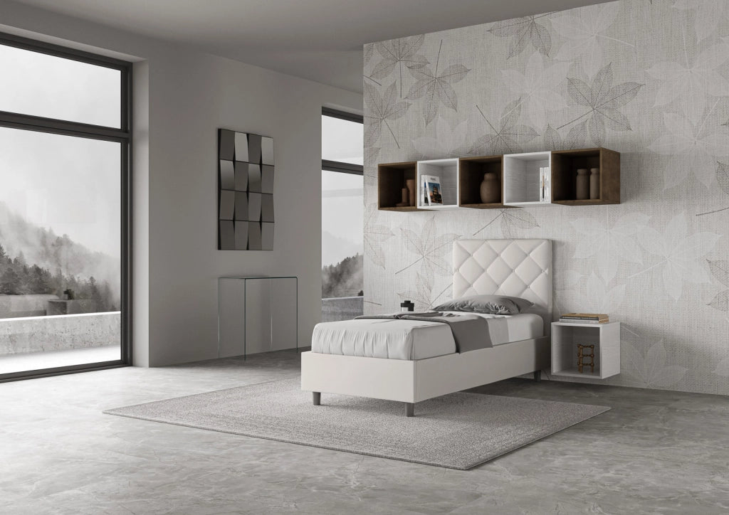 BS COM Letto singolo con rete imbottito 90x190 similpelle bianco