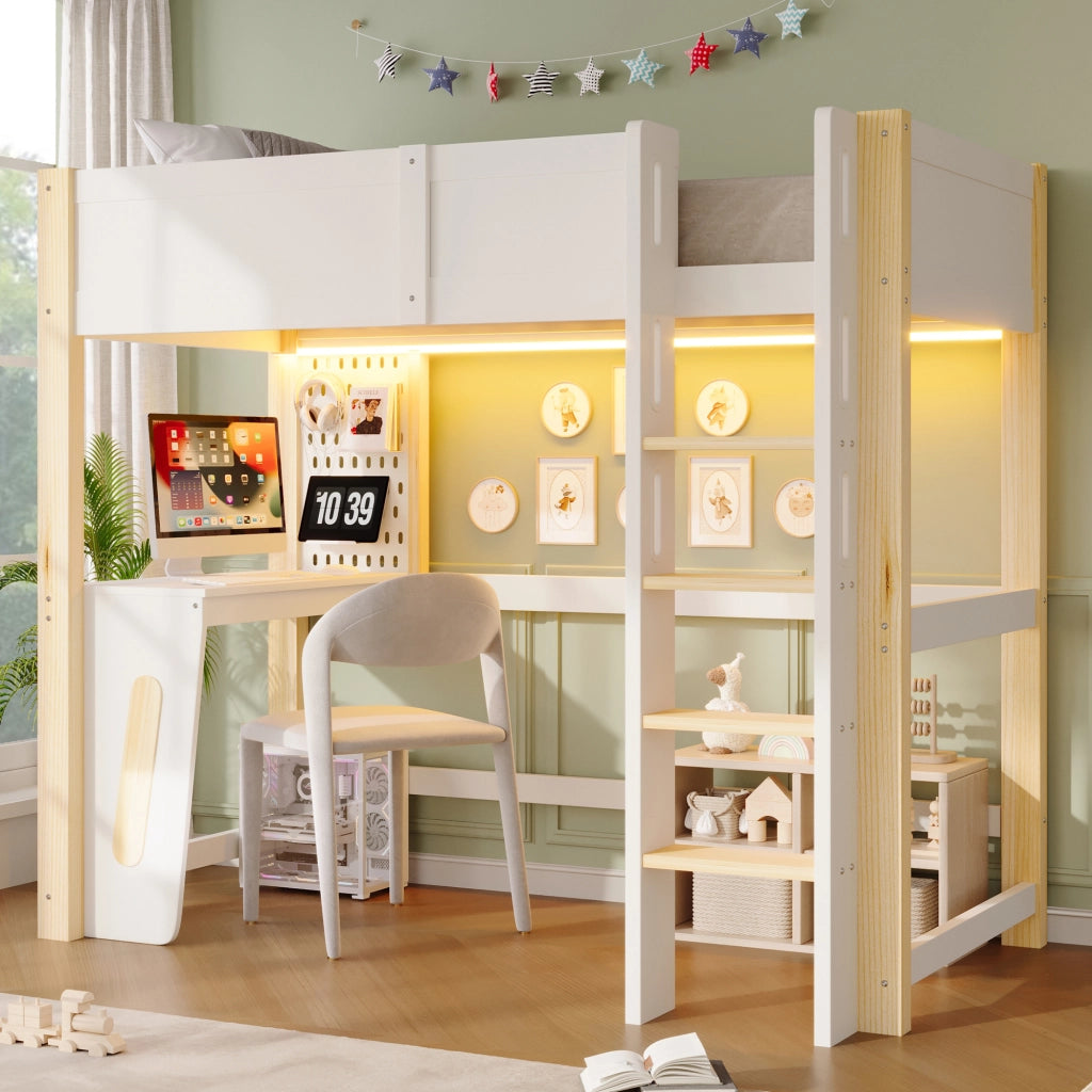 Letto a soppalco per bambini 90x200 cm, letto rialzato con scrivania integrata, pannello forato, illuminazione LED, pino, naturale e bianco