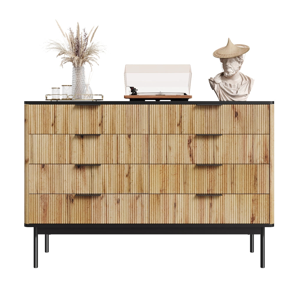 Credenza con 5 Cassetti; Rilievo Verticale; Piano Nero; Stile Moderno Nordico; in MDF; Naturale; 120??39;5??80 cm
