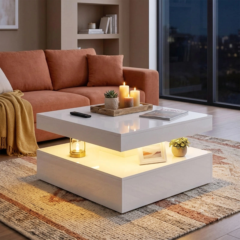 Tavolino basso con LED RGB e telecomando, 2 ripiani aperti, per soggiorno, in fibra di legno, bianco lucido, 78 × 78 cm