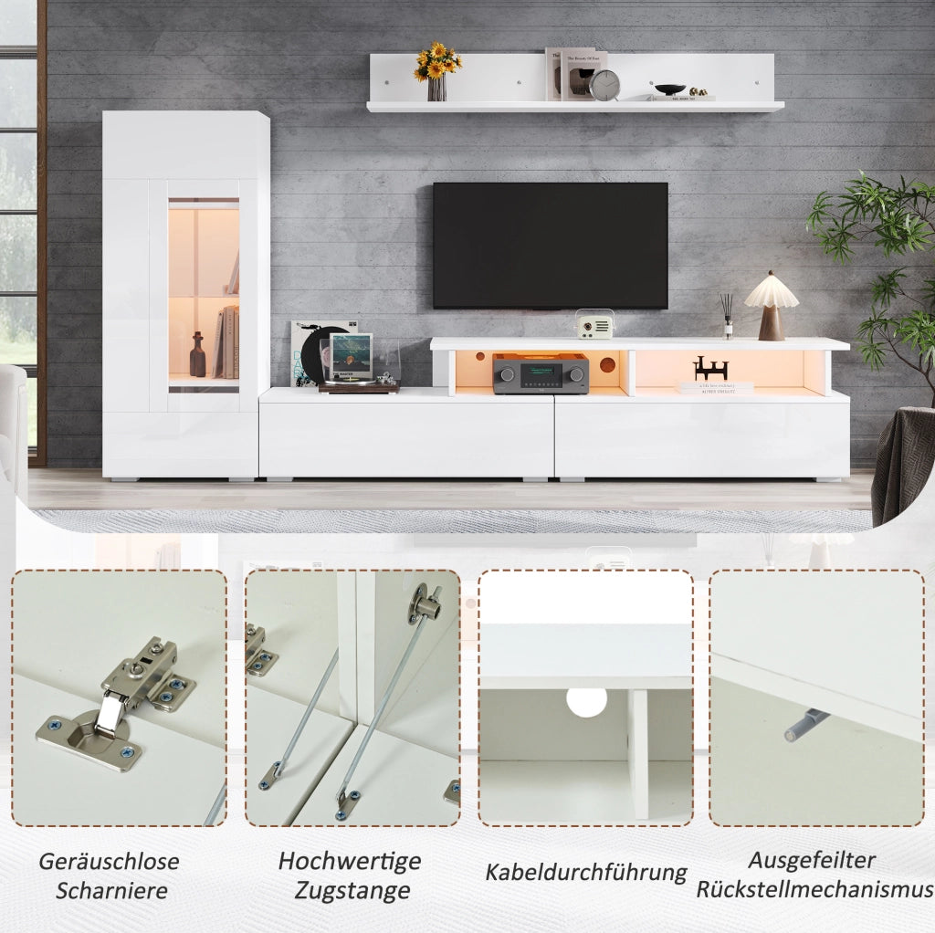 Parete TV 3 pezzi bianca con LED e finitura lucida