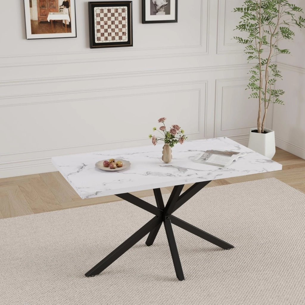 GrandCA HOME Tavolo da Pranzo Moderno da 140 cm con Piano Effetto Marmo, Tavolo da Cucina con Quattro Gambe in Metallo, per Sala da Pranzo in Soggiorno, WH+BK
