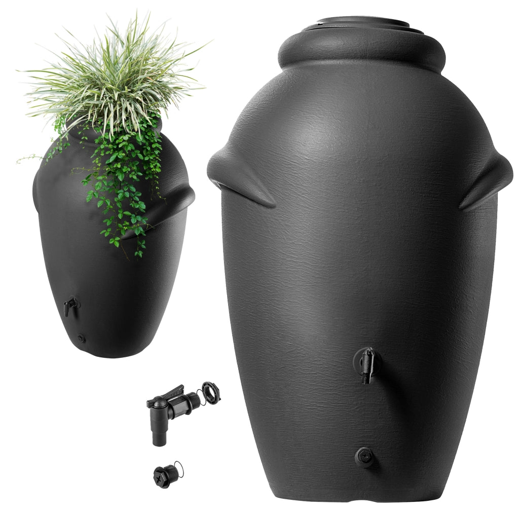 Serbatoio per acqua piovana KADAX 360L Contenitore per acqua a forma di barile + rubinetto Vaso da fiori Antracite