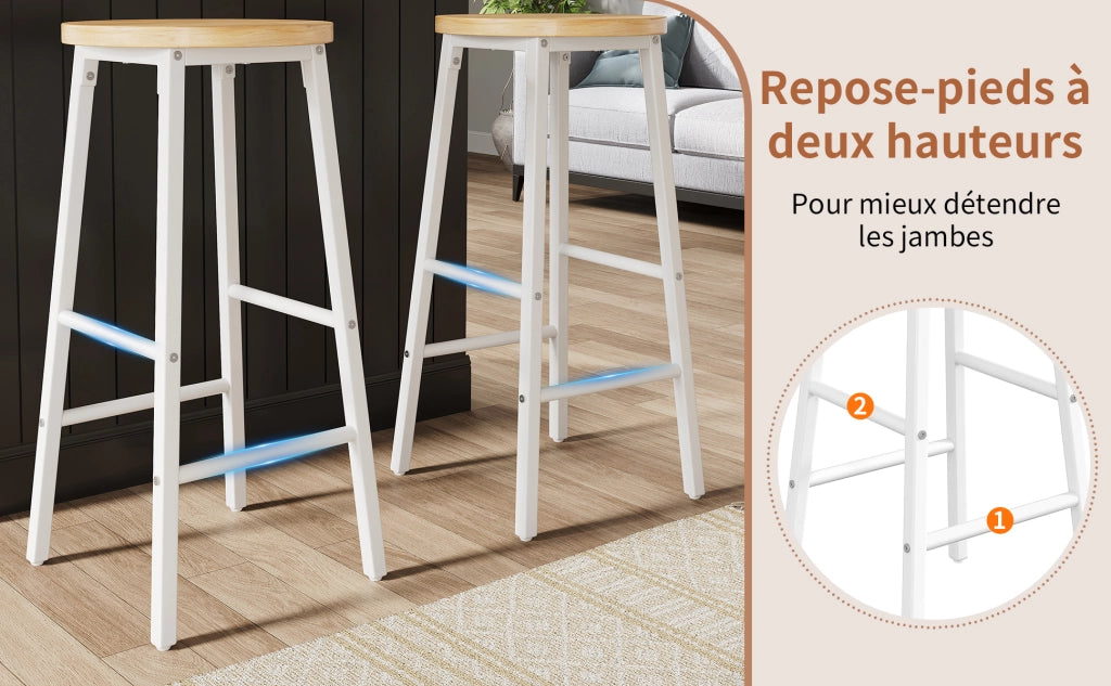 Sgabello da bar set da 2 con doppio poggiapiedi e piedi regolabili in MDF effetto legno e metallo bianco