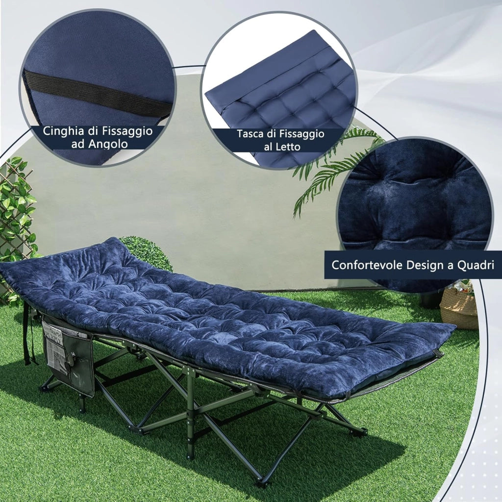 Cuscino per Sdraio, Cuscino Spesso da 190 x 70 x 7 cm con 4 Cinghie di Fissaggio, Tasca per Fissare al Letto, per Lettino da Campeggio, Vacanze in Campeggio (blu)