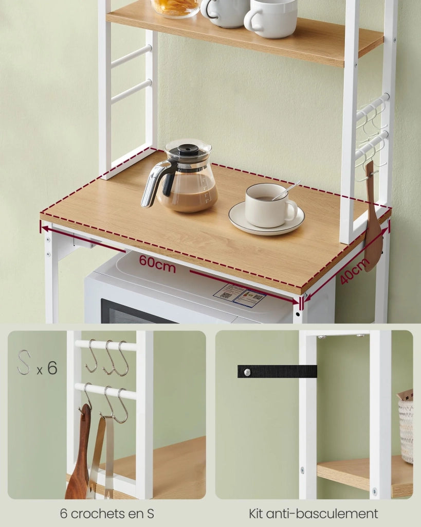 Mensola da cucina con multipresa mensola per macchina da caffè 6 ripiani 6 ganci per forno a microonde struttura in acciaio 40 x 80 x 167 cm bianco 12_0005664