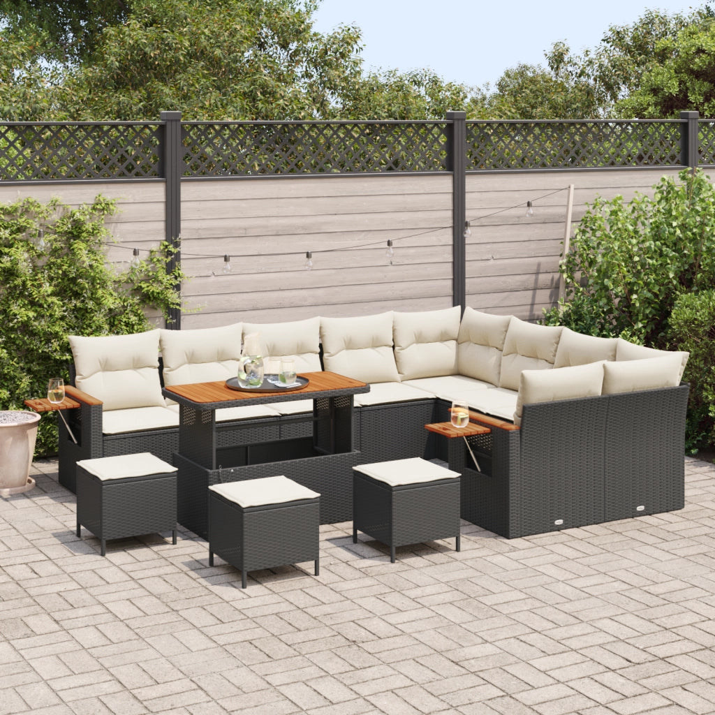 Set Divano Giardino  da 13 Pezzi con Cuscini Nero Polyrattan Acacia