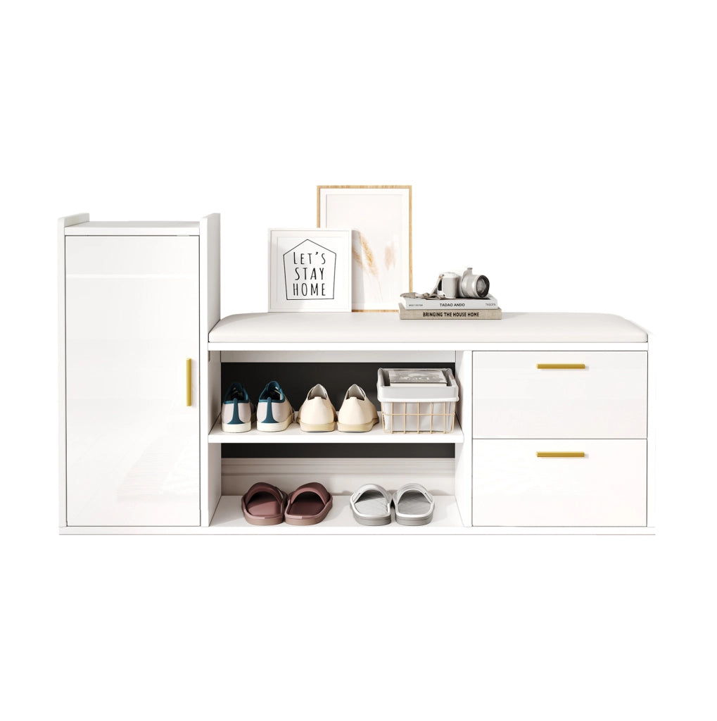 Scarpiera con panca 128x30x68 cm in truciolato bianco con 2 cassetti e ripiani