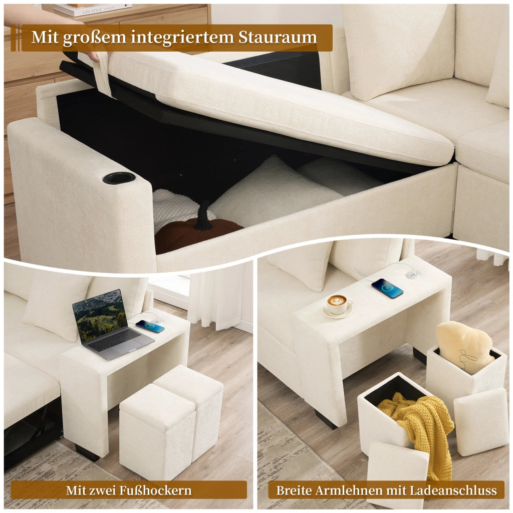 Divano angolare convertibile con chaise longue reversibile, funzione letto e USB, in chenille beige, 220 × 205 × 86.5 cm