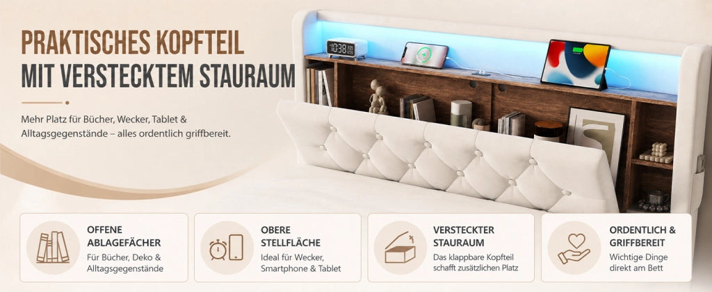 Letto contenitore 160 × 200 cm con testiera multifunzione, LED, USB e Type-C, senza materasso, beige