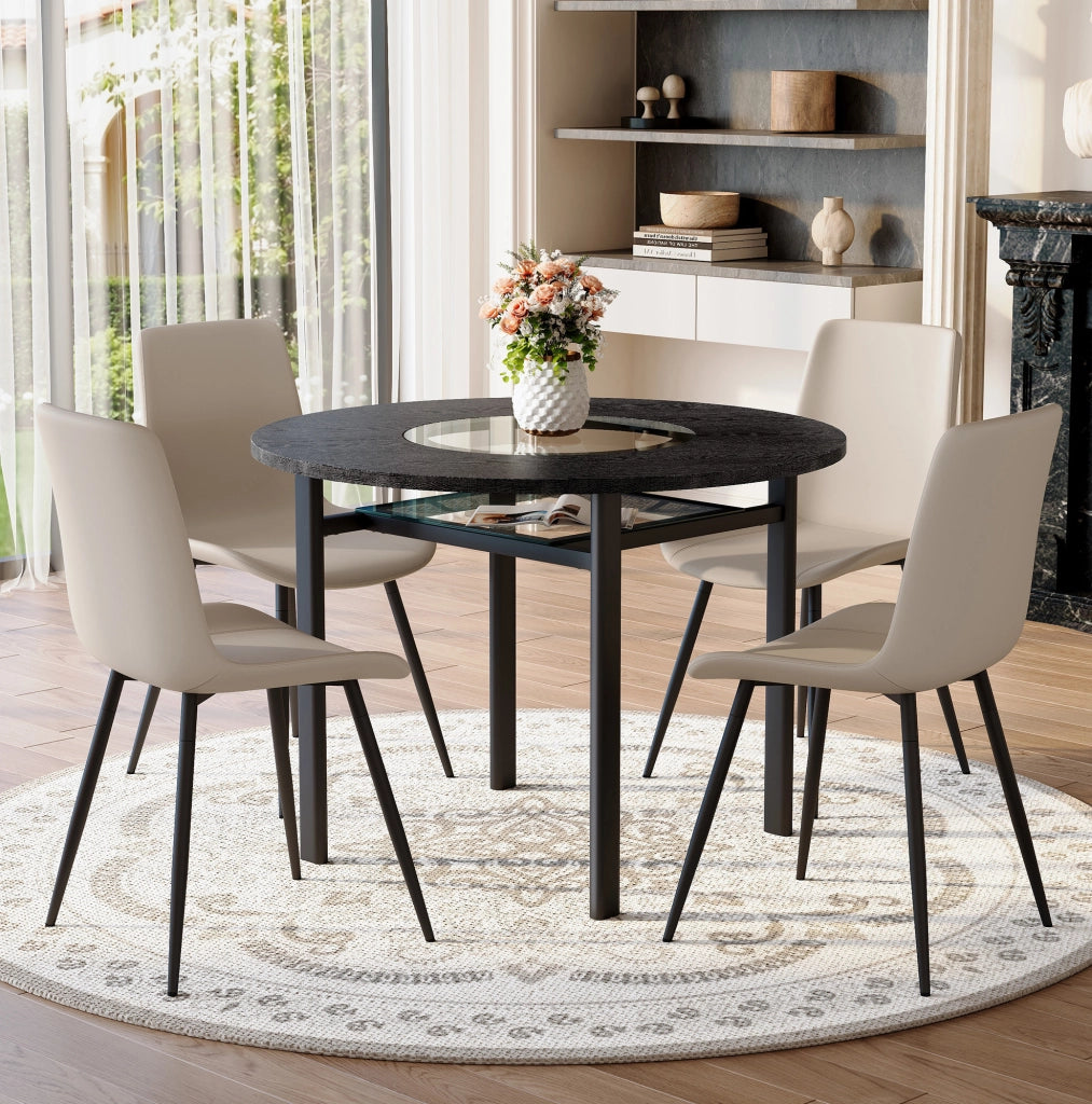 Set tavolo rotondo Ø100 cm con piano MDF nero, vetro e sedute grigio caldo