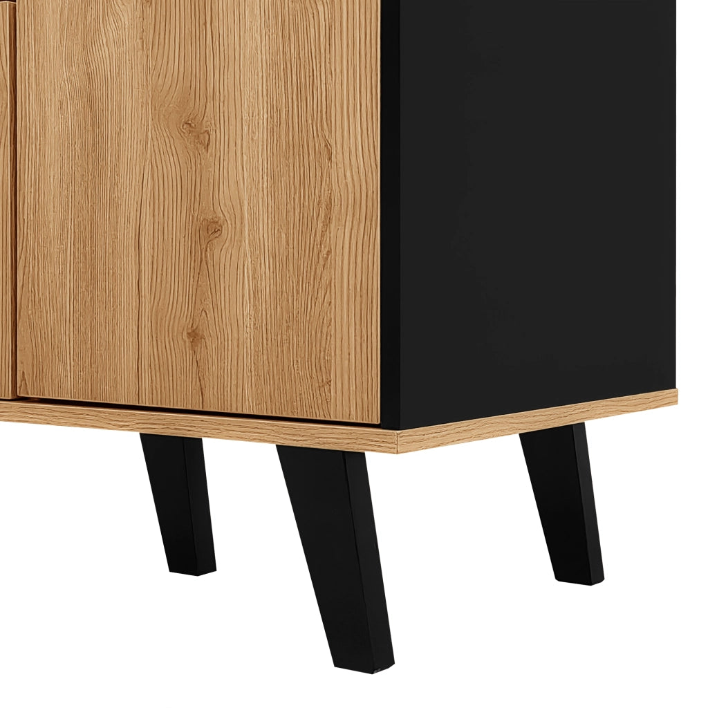 Credenza con 3 ante e ripiani, LED e anta in vetro, per soggiorno, legno e nero, 140 × 78,5 × 41 cm