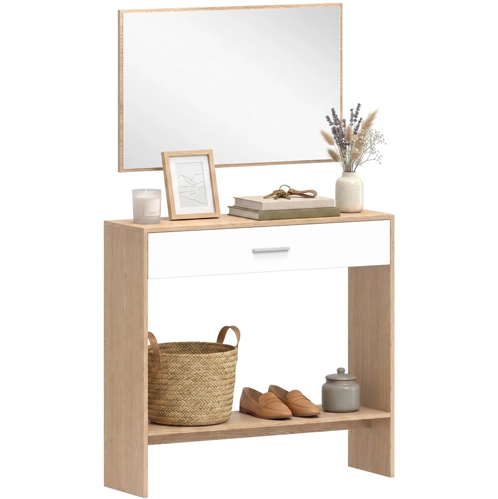 Mobile ingresso con specchio, cassetto e ripiano rovere bianco