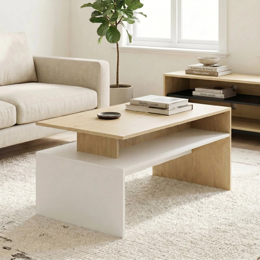 Tavolino da caff¨¨ con cassetto ¨C Zephmum ¨C 95x55x50 cm, naturale e bianco