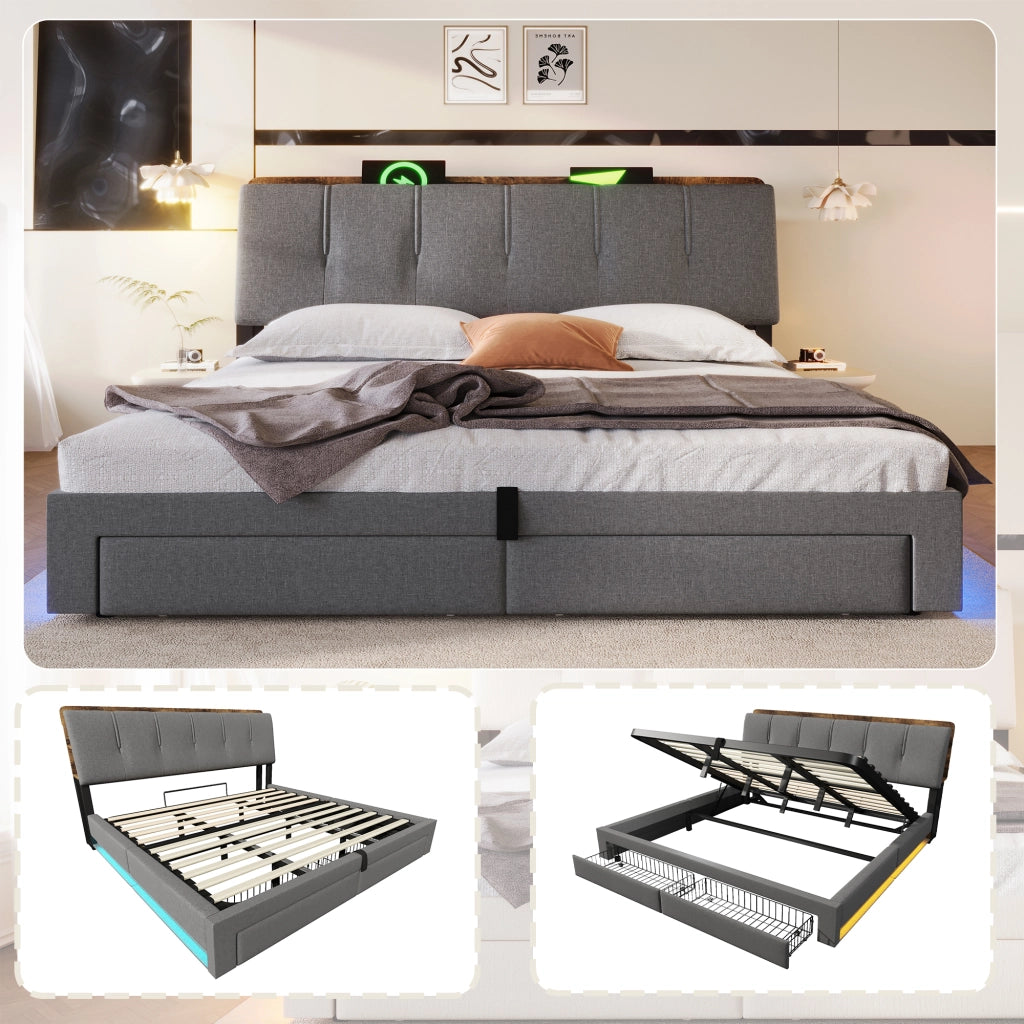 DESMIU Lit con contenitore 180 × 200 cm 2 posti con USB, Type-C, LED e vano idraulico, senza materasso, grigio