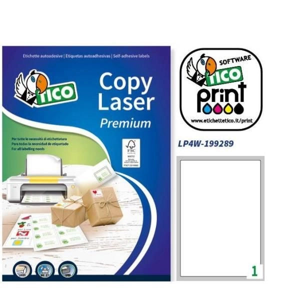 Etichette bianche con angoli arrotondati tico copy laser premium 199x289 mm - 1 et./foglio - conf. 100 fogli lp4w-199289 - 102004
