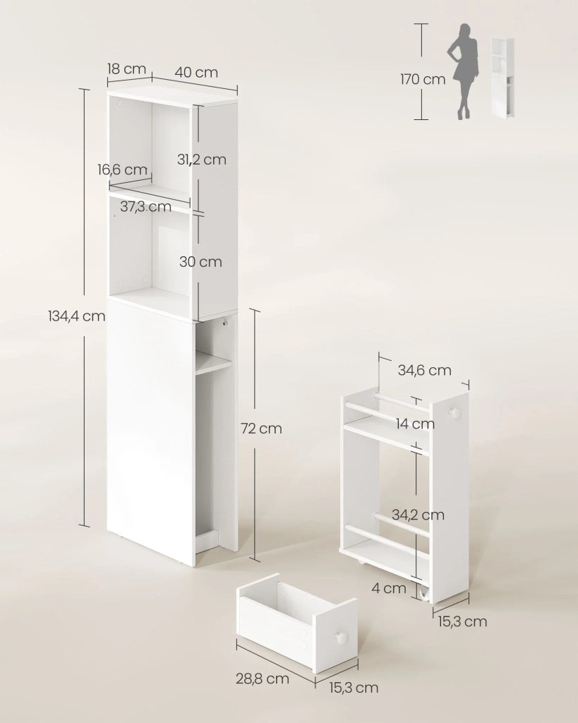 Mobiletto da bagno 40 x 18 x 134,4 cm alto mobiletto sottile con cassetti e ripiano regolabile mobiletto per piccoli spazi stile moderno bianco 12_0006475