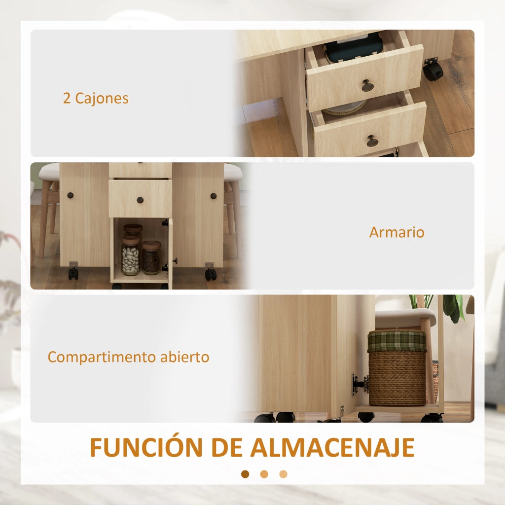 Tavolino pieghevole con ruote e ali ¨C zephmum ¨C naturale 120x60x76,5 cm