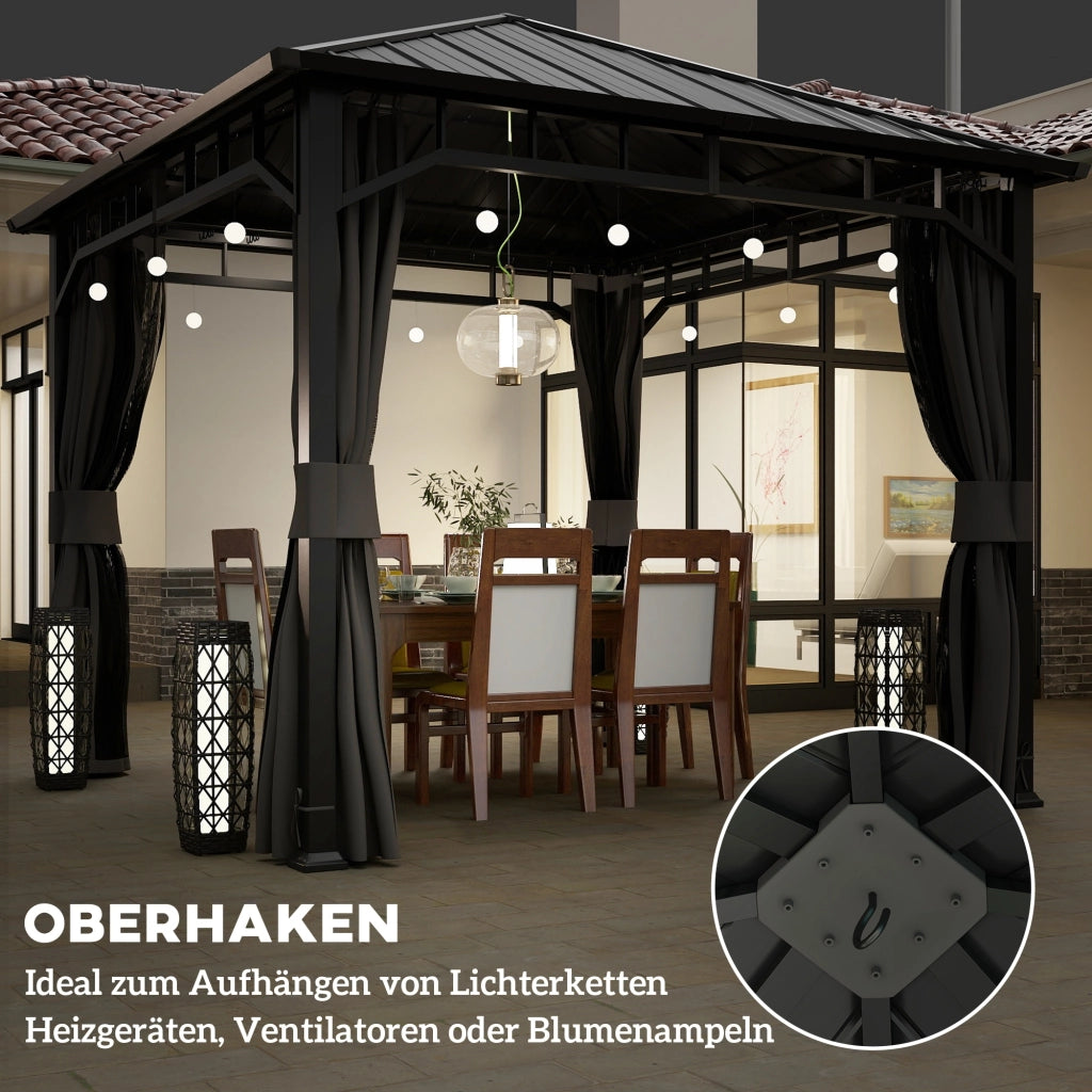 Gazebo Giardino 3x3 m ¨C zephmum ¨C Hardtop Scuro Impermeabile con Rete e Ganci