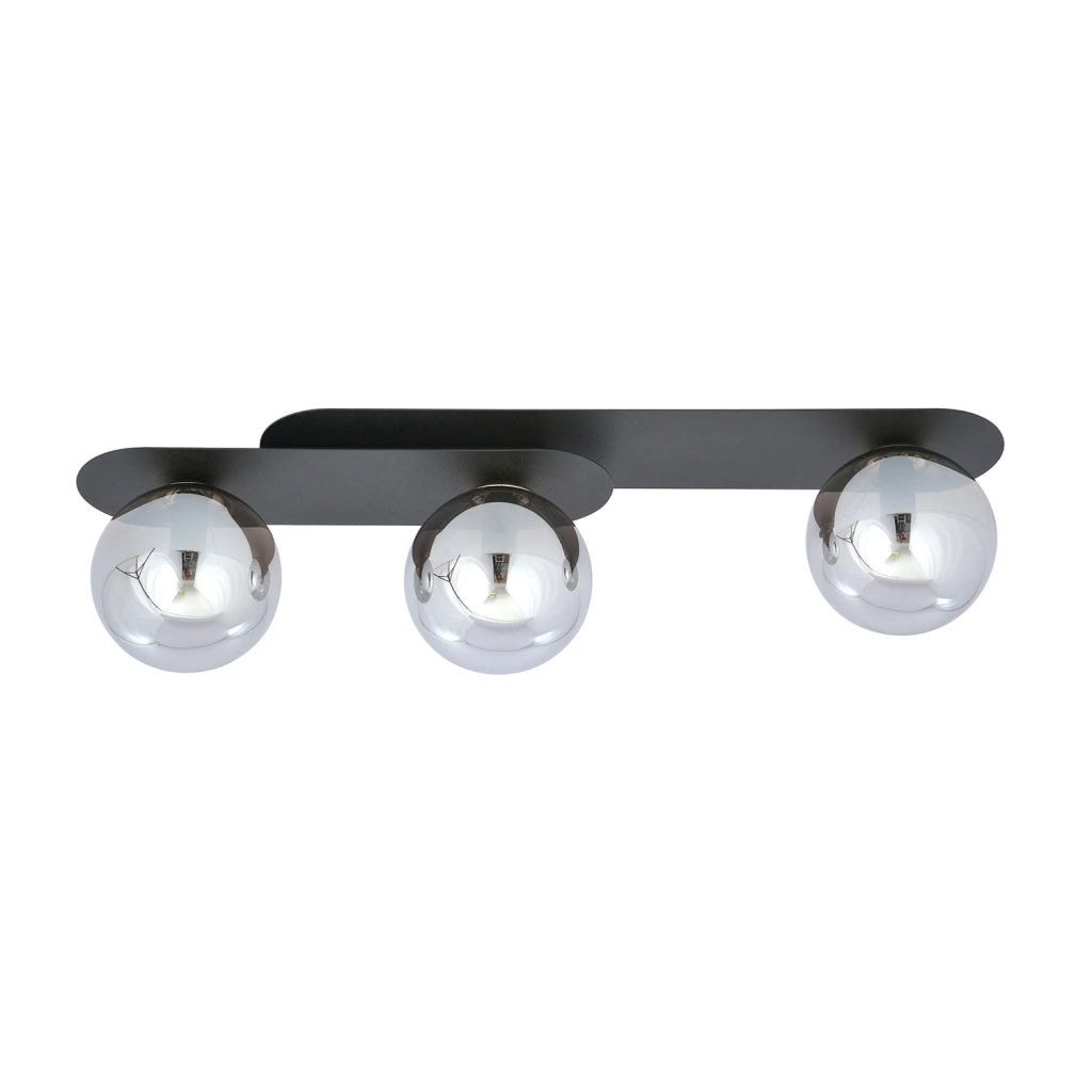 Plafoniera Minimal 3 Luci Teia In Acciaio Nero E Sfere Vetro Fumè