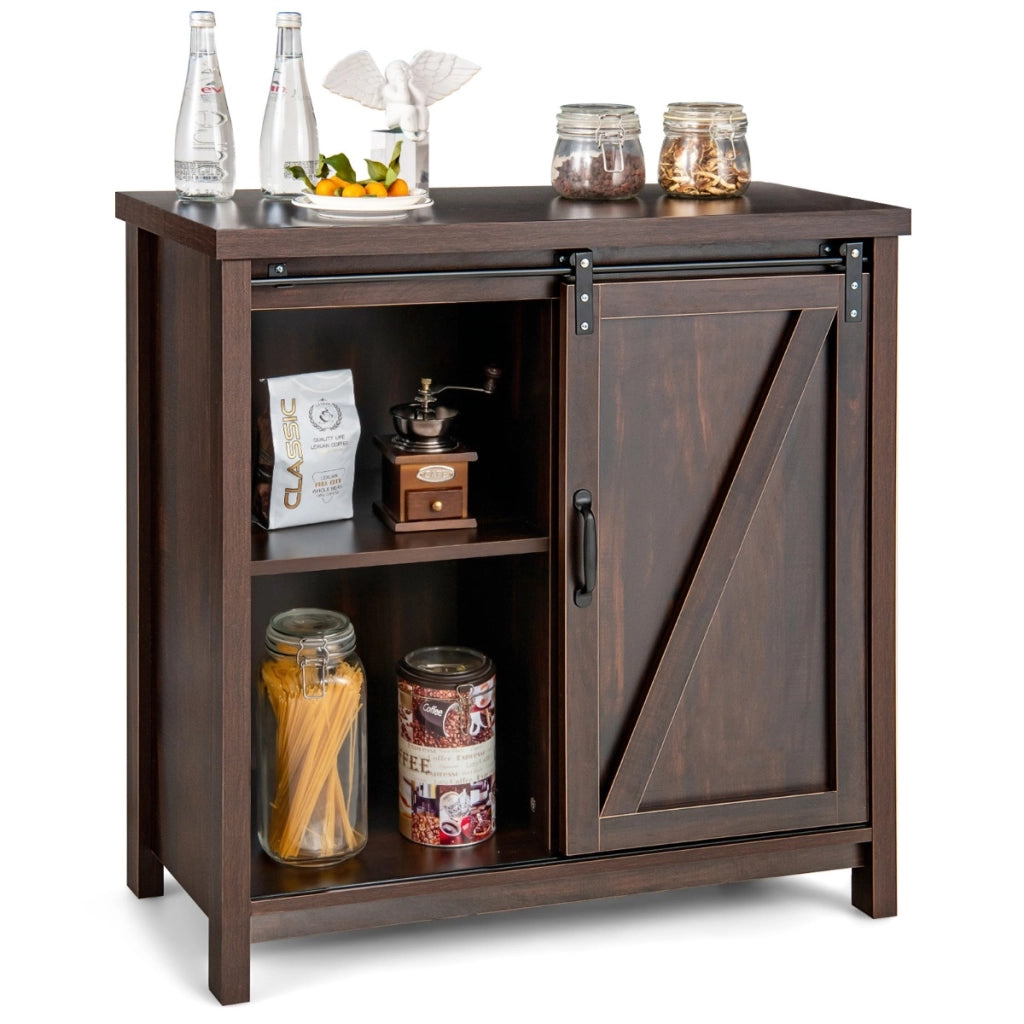 Credenza a buffet con porta a serranda scorrevole soggiorno-Mobiletto portaoggetti rustica per cucina Marrone
