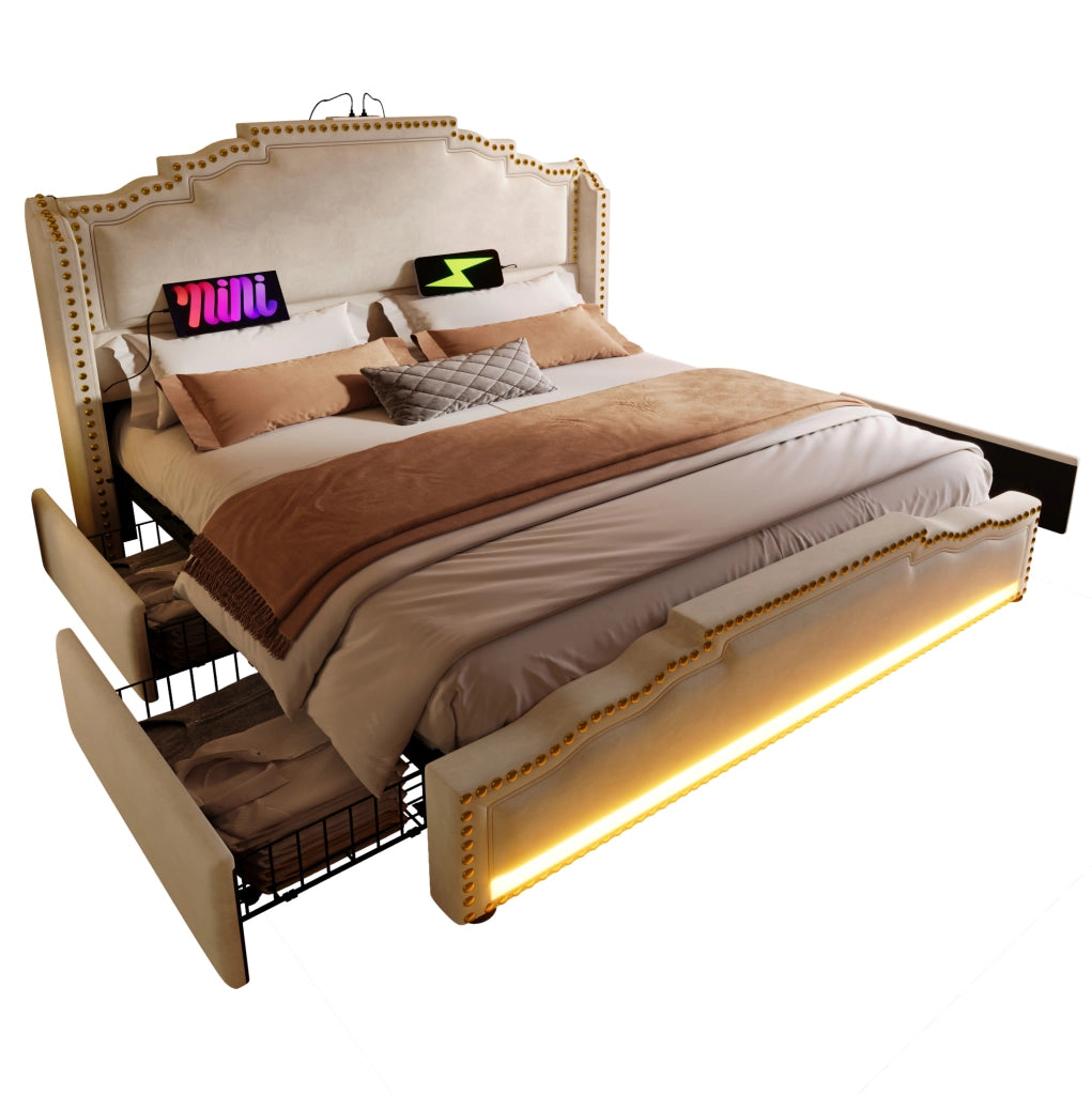 Letto 140x200 cm in velluto beige con 4 cassetti; LED; USB/Type-C e materasso